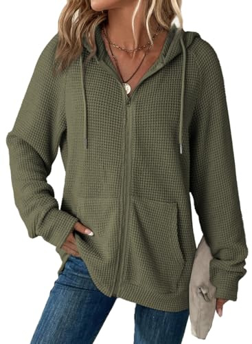 Dokotoo Womens Zip Up Hoodie Long Sleeve Hooded Sweatshirts Green | Essentials Hoodie, Early Fall Fashion Clothes 2026, Waffle Knit Long Sleeve, Oversized Hooded Tops, Jacket Coat for Women
