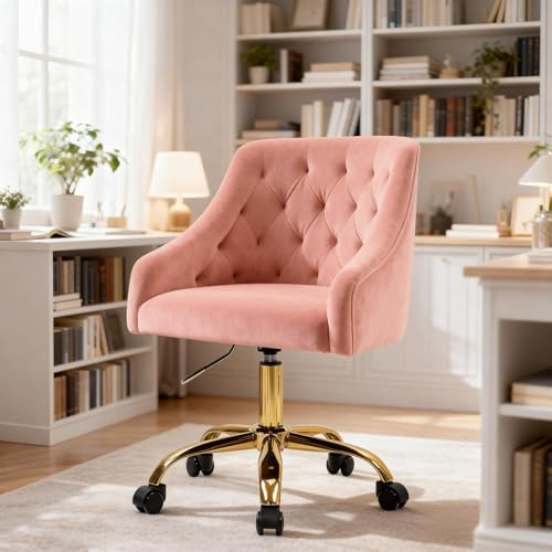 Fiximaster Homeoffice Sedia da ufficio in velluto, ergonomica, regolabile in altezza, girevole con ruote e gambe dorate, moderna sedia da trucco per studio (Rosa)