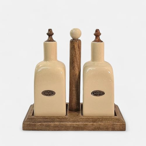 Ceramic Cream Oil & Vinegar Duo Bottles on Mango Wooden Stand 250ml Each Kitchen Organizer