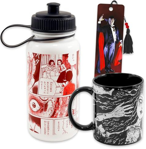 Zak Designs Junji Ito Water Bottle and Mug Drinkware Set - Horror Collectors Bundle with 16oz Coffee Mug & 28oz Sports Bottle, Bookmark | Junji Ito Merchandise