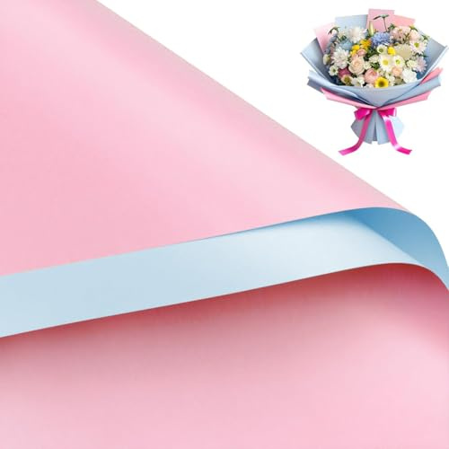 FOXOGO 30 Blatt Blumen-Geschenkpapier, Blumenstrauß Papier 58 x 58 cm Blumen Papier mit Zwei Farben Design (Rosa Blau)