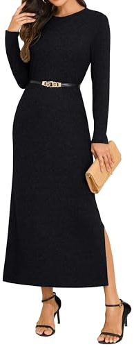 GRECERELLE Women Maxi Dresses Long Sleeve Crew Neck Dress for Women UK Winter Ladies Slit Elegant Casual Daily Work Date Lounge Long Dresses with Pockets (Black, M)