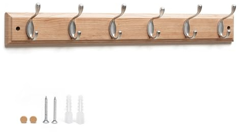 Flatro Coat Hooks Wall-Mounted (Fixings Included) MDF with a Bamboo Finish Coat Rack with 6 Zinc Alloy Hooks to Hang Hats, Jackets, Bags, Keys, Towels | Best for Home Entrances, Bedrooms, Bathrooms