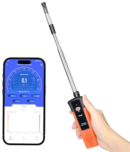 Heißdraht-Anemometer, Thermischer Anemometer mit 40 m/s und Bluetooth 9100A | Ausziehbare Stange 320–650 mm, Windmesser Windmessgerät mit APP, hohe Präzision 0,1 m/s, misst HVAC, Datenprotokollierung