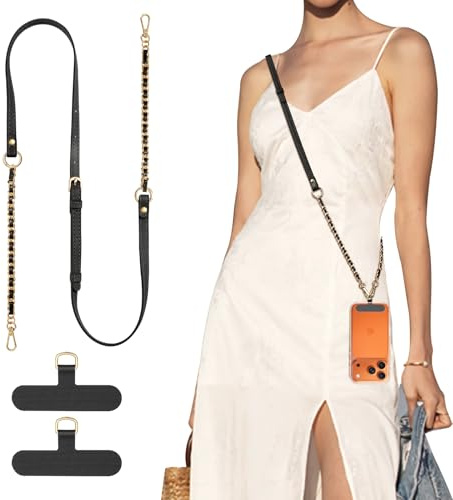 TiMOVO 2-in-1 Phone Lanyard Crossbody, Adjustable Phone Strap for Most Smartphones, PU Strap Combo with Metal Chain for Women