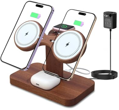 Xunhomon Dual Phone Charging Station for Apple Devices Wood Magnetic Phone Charger Stand for iPhone 17 16 15 14 13 12 Mini Se Wireless Charger Apple Charging Station for iWatch Series AirPod 4 3 2 Pro