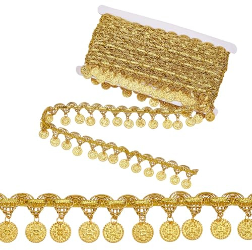 OLYCRAFT Cinta de 9,1 m con borlas y lentejuelas doradas, pasamanería con borlas de encaje y flores colgantes de 3,5 cm de ancho para vestidos de baile, cinturones, cadenas, disfraces, vestidos de