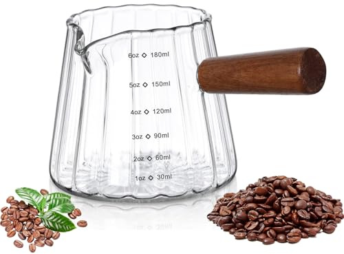 Cloud-Shaped Espresso Measuring Cup 180ml, Grey Glass with Wooden Handle for Heat Control, Milk Jug for Coffee Machine, Espresso Coffee Preparation Tool for Home Coffee Machines and Daily Brewing (B)