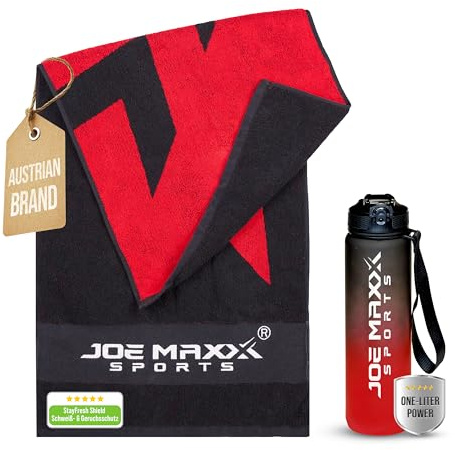 Joe Maxx Sports ONE-LITER POWER Bundle - 1 Litre Water Bottle + Cotton Sports Towel, Leak-Proof Sports Bottle with Scale | Fitness, Gym & Training