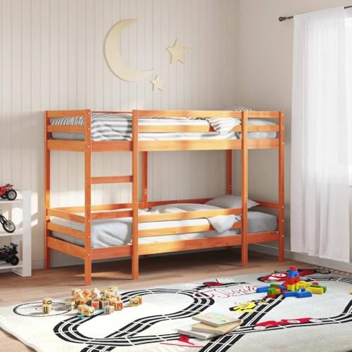 JHQHSM Letto a castello in legno massello di pino 90 x 190 cm in marrone cera. Robusto letto a soppalco con scala di sicurezza e guardrail per un uso ottimale dello spazio e stabilità