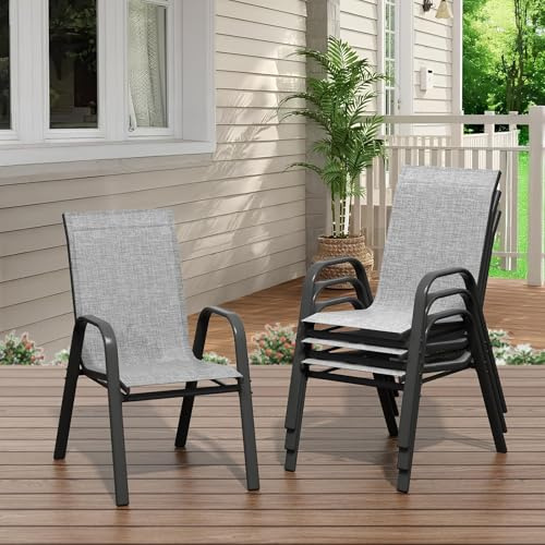 RBFGYIOP Sedie da giardino impilabili in metallo resistenti alle intemperie – Schienale alto, tessuto textilene traspirante – Struttura robusta, salvaspazio – Set 4 pezzi per terrazzo, patio, balcone