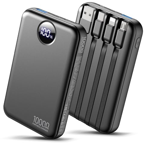 Portable Charger 10000mAh Power Bank, Built-in 4 Cables & 6-Device Charging,Fast Charging with LCD Display,USB-C In/Out, Compatible with iPhone 17/16/15/14 for Travel Camping Essentials-Midnight