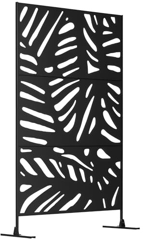 Outsunny Biombo de 3 Paneles, 122x198 cm, Biombo Separador de Ambientes con Soporte y Tornillos de Expansión, Diseño de Hojas, para Exterior, Jardín, Patio, Terraza, Negro