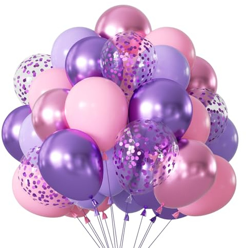 Netnology Globos Rosas y Morado 68 Piezas 12 Pulgadas, Globos de Cumpleaños Feliz Globos Morado y Rosas Metálicos y Confeti Para Birthday Girl Decoracion Cumpleaños Kpop Fiesta Baby Shower Niña