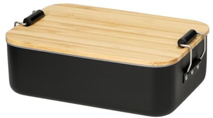 Fiambrera 'Bamboo' 900 ml – Cierre seguro gracias a la abrazadera – Panera con tapa de bambú y recipiente de aluminio – Fiambrera para niños y adultos – perfecta para viajes, color: negro/natural