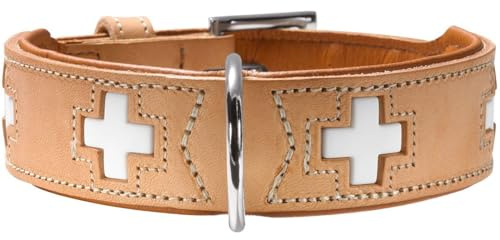 HUNTER Swiss Hundehalsband | weiches Rindnappaleder, mit Schweizer Kreuze, hochwertige Handarbeit, Made in Germany, Farbe: Natur/Schwarz, Größe: 60