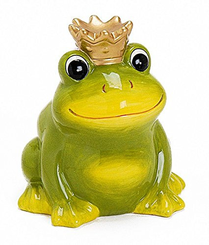 Spardose Frosch Froschkönig aus Keramik 12 cm groß grün mit Krone Gold, Gelddose Sparbüchse abschließbar mit Schlüssel, Geschenk zur Geburt Taufe Geburtstag