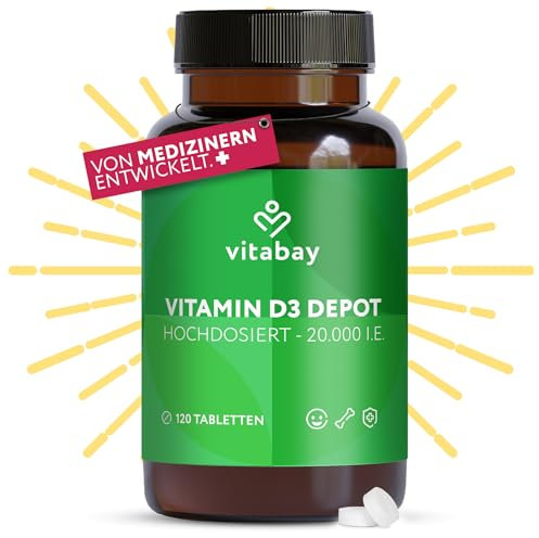 Vitabay Vitamin D3 20.000 I.E. – 120 vegane Tabletten – Vitamin D3 aus pflanzlicher Quelle – Ohne Gentechnik und Zusatzstoffe – Laborgeprüft in Deutschland