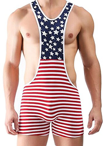 sandbank Men American Flag Wrestling Singlet Jockstrap Bodysuit Active Underwear (M, Red & Blue #2)