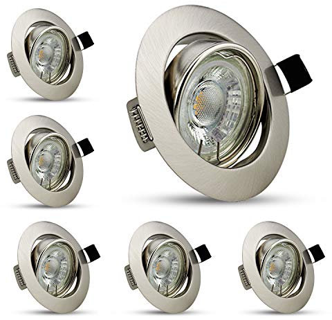Lot de 6 Spots LED Encastrables Ronds en métal Nickel, Plafonniers LED Encastrables 5W GU10, équivalents d’Ampoules Halogènes de 50W, Orientables 40°, AC 220-240V, Blanc Neutre 4500K, IP20, Ø 75 mm