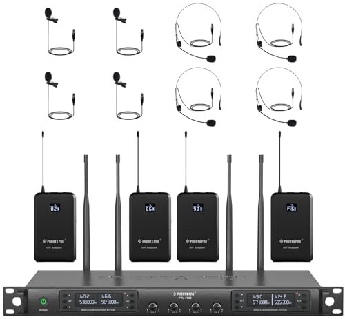 Phenyx Pro Funkmikrofon Set Quad Channel Kabelloses Mikrofon System mit 4 Bodypacks und Headsets/Lapel Mics, 4x40 Kanäle, Auto Scan, 328ft Reichweite, ideal für Gesang, DJ, Kirche (PTU-7000B)