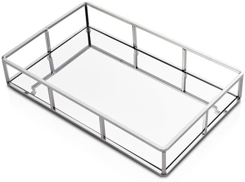 PuTwo Mirror Tray Perfume Organizer for Bathroom, Counter Decor, Glass, Silver Makeup Storage, Jewelry Holder