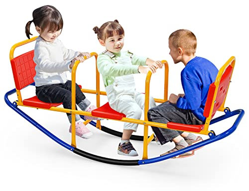 COSTWAY 3 Sitzer Schaukelwippe, Gartenwippe bis 100 kg belastbar, Kinder Wippe In- und Outdoor, Kinderwippe Metall Karussellwippe ideal für Kinder 3-8 Jahren