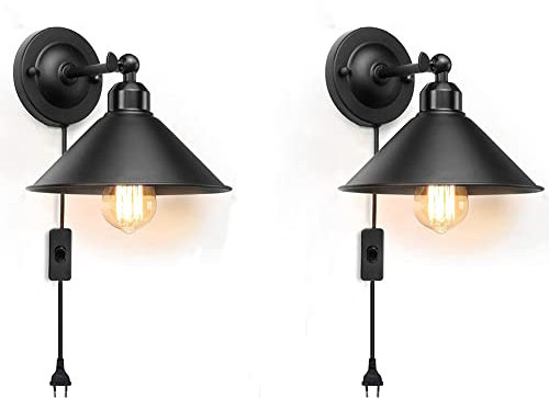 Wandleuchte Innen Vintage mit Schalter Wandlampe mit Stecker schwarz Industrial Retro Lampe E27 Schlafzimmer Nachttischlampe Verstellbar Wandbeleuchtung Schwenkbar Wand Leselampen 2 Stuck