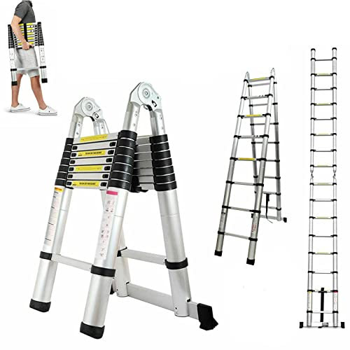 1,9m+1,9m Aluminium Teleskopleiter Klappleiter, rutschfest Ausziehleiter Dachbodenleiter Ausziehbar Anlegeleiter 6+6 Sprossen, Multifunktionsleiter Leicht zu Tragen, 150kg Tragkraft