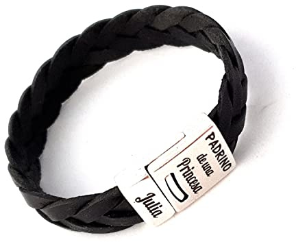 Nanaleja - Pulsera Padrino de una princesa con nombre grabado, pulsera de cuero trenzado, pulsera para padrinos (Muñeca gruesa (entre 18 y 20cm), Negro)
