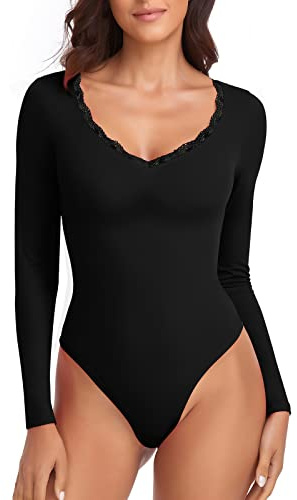 WOWENY Body pour femme, haut élégant à manches courtes et col en V en dentelle, sexy et décontracté
