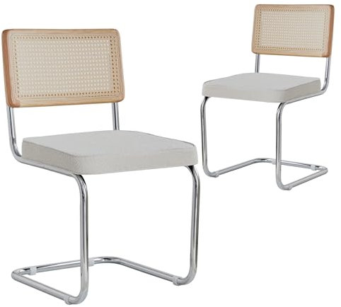 GrandCA HOME Modernes 2er-Set Esszimmerstühlen mit Rückenlehne aus Natürlichem Rohrgeflecht und Gestell aus Rostfreiem Chrom, Gepolsterte Rattan-Küchenstühle,Weiß