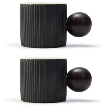 CLASGLAZ Espresso Cups 70ml, Small Ceramic Coffee Cups, Mini Mugs with Round Wooden Handle, Vertical Stripes Tea Cups (Black, 2pcs)