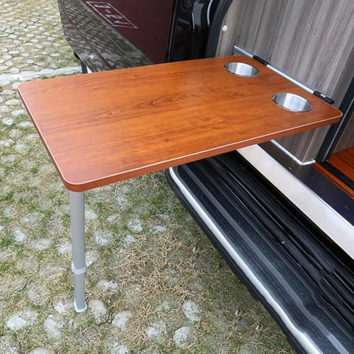 aallwwsso RV Seite hängenden Klapptisch mit 2 Tasse Slots + ausziehbarem Tischbein, Einrichtungsgegenstände Innen für Wohnmobile, Boote, Wohnwagen, Vans, Camper, 79×39cm,Brown