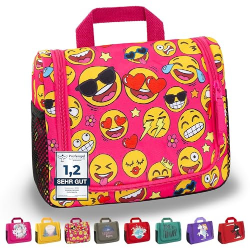 GRINSEZWERGE Kulturtasche für Kinder und Erwachsene - 12 Motive | Reise Kulturbeutel für Damen und Herren | Kosmetiktasche zum Aufhängen | Waschbeutel Waschtasche Reisetasche für Jungen und Mädchen