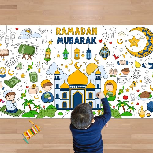 OHOME Ramadan Giant Coloring Poster/Tablecloth-Ramadan Decorations - Jumbo Coloring Banner Kids Eid Crafts Activities Decor Party Decorations