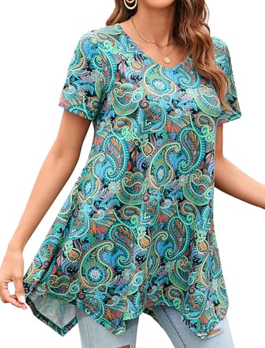 Enmain Camiseta Mujer Manga Corta Top Túnica Blusa Larga on Cuello en V Talla Grande Tops de Colores Sólidos/Estampadas T Shirt para Mujeres S-3XL