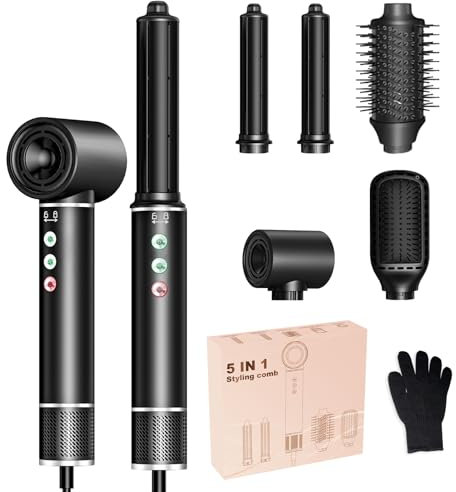 Airstyler Hairstyler 5 in 1, Haarstyler mit 110,000 RPM Haartrockner, 20m/s Luftstrom Föhnbürste, 320 Millions lonic Hair Styler Set, Lockenstab, Glättbürste, 340g Leicht Leise Schnelles Trocknen