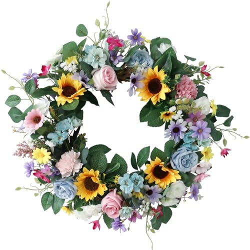 Fouriding Frühlingskranz für die Haustür 45CM, Künstliche Blumen Kranz Sommerkranz für Fensterdekoration im Freien Haustür Home Decor (B)
