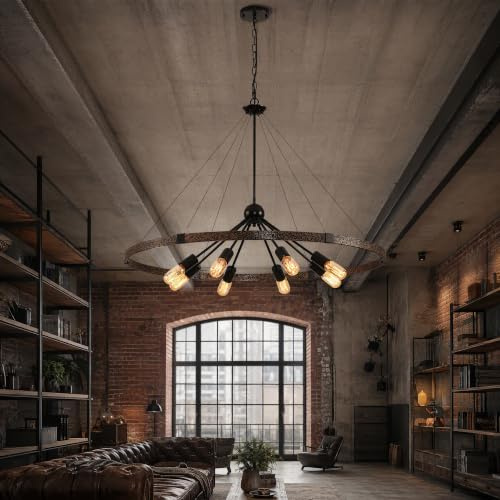 8-Flammige Industrie-Deckenleuchte, E27-Wagenrad-Kronleuchter, 60W 97cm | Kronleuchter Im Schwarzen Rustikalen Stil, HöHenverstellbare Vintage-Leuchten Aus Metall FüR KüChe Bauernhaus Schlafzimmer