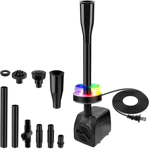 CREPOW 15W 800L/H Submersible Fountain Pump with RGB LED Lights & flow regulator, Ultra Quiet Water Pump, 3 Nozzles for Water Feature Fish Tank Pond Aquarium Statuary Hydroponics Outdoor Fountain