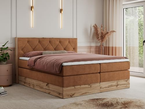 MKS MEBLE King Boxspringbett 180x200 mit Kopfteil und Bettkasten, Polsterbett mit Matratze H3 und Topper T25, Wotan Eiche Dekor - Orange Strukture - Veneto King
