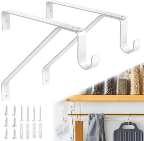 Pisman 10 Inch Heavy Duty Closet Rod Bracket Adjustable 2-Pack, Closet Rod Support with Shelf Bracket and Rod Holders - White Steel Clothes Hanger for Bedroom, Laundry Room Storage