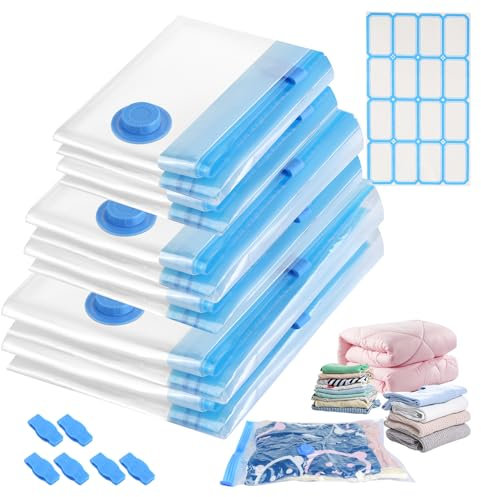 6 Stück Vakuumbeutel für Kleidung, Vacuum Bags for Clothing mit Luftdichtem Ventil und 16 Etiketten, Vakuumierbeutel Kleidung mit Reißverschluss, Vakuumbeutel für Bettdecken Bettwäsche