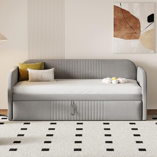 SUKY Divano letto imbottito allungabile 90/180 x 190 cm, con rete a doghe, con strisce verticali, letto multifunzione, tessuto di lino confortevole e traspirante (grigio chiaro)