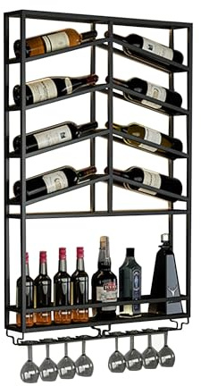 Weinregal Wand Metall Flaschenregal Schmal Wine Rack Bar Regal Wand Weinschrank Hausbar Barschrank mit Weinglashalter Weinständer Getränke Regal Mini Bar für Küche Bar Esszimmer(Nero,68*100*12cm)