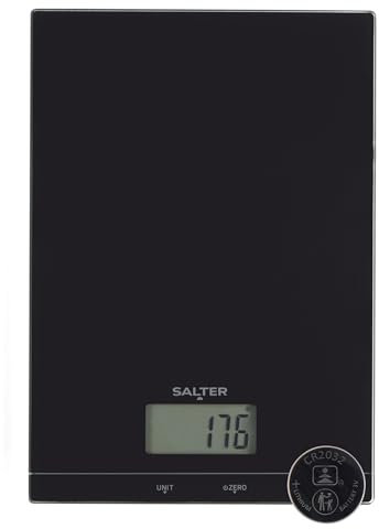 Salter Glass Elektronische Küchenwaage – digitale Backwaage, Tara-Funktion hinzufügen und wiegen, LCD-Display, misst Flüssigkeiten, 5 kg Kapazität, leicht zu reinigen, Kochen, SA00450BCFEU12