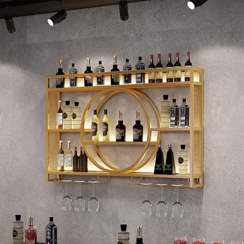Porte-bouteilles Mural Avec Porte-verre，Étagère à Vin Murale Moderne Bars Modernes Porte-vin étagères Flottantes PréSentoir à Vin Mural En MéTal Moderne Casiers à Vin Ronds Indust(Size:140cm,Color:Or)