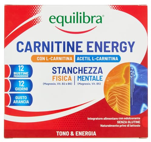 Equilibra, Carnitina, con L-Carnitina e Acetil L-Carnitina, 200mg, Integratore Energizzante, Stanchezza Fisica e Mentale, Magnesio Organico, Vitamine Gruppo B, Gusto Arancia, Senza Glutine, 12 Bustine