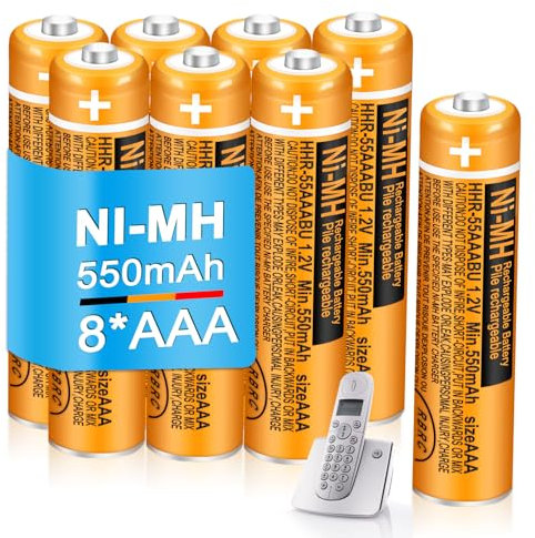 Lot de 8 piles rechargeables AAA 550 mAh 1,2 V HHR-55AAABU NI-MH pour combinés Panasonic pour téléphones sans fil BT Gigaset, usage quotidien